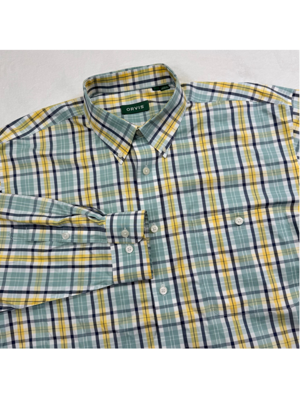 Men's Orvis Casual Button Down Shirt XL Green Yellow Plaid